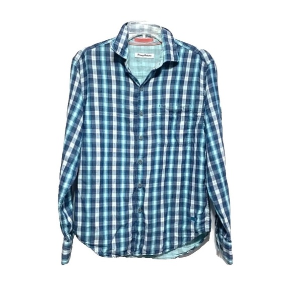Tommy Bahama Blue & White Check Button Up Collared Casual Flannel Shirt sz Small - Picture 1 of 8